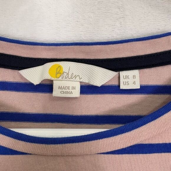 Boden Striped Puff Sleeve Long Sleeve Cotton Top Pink with Blue Stripes Women's - Picture 4 of 9